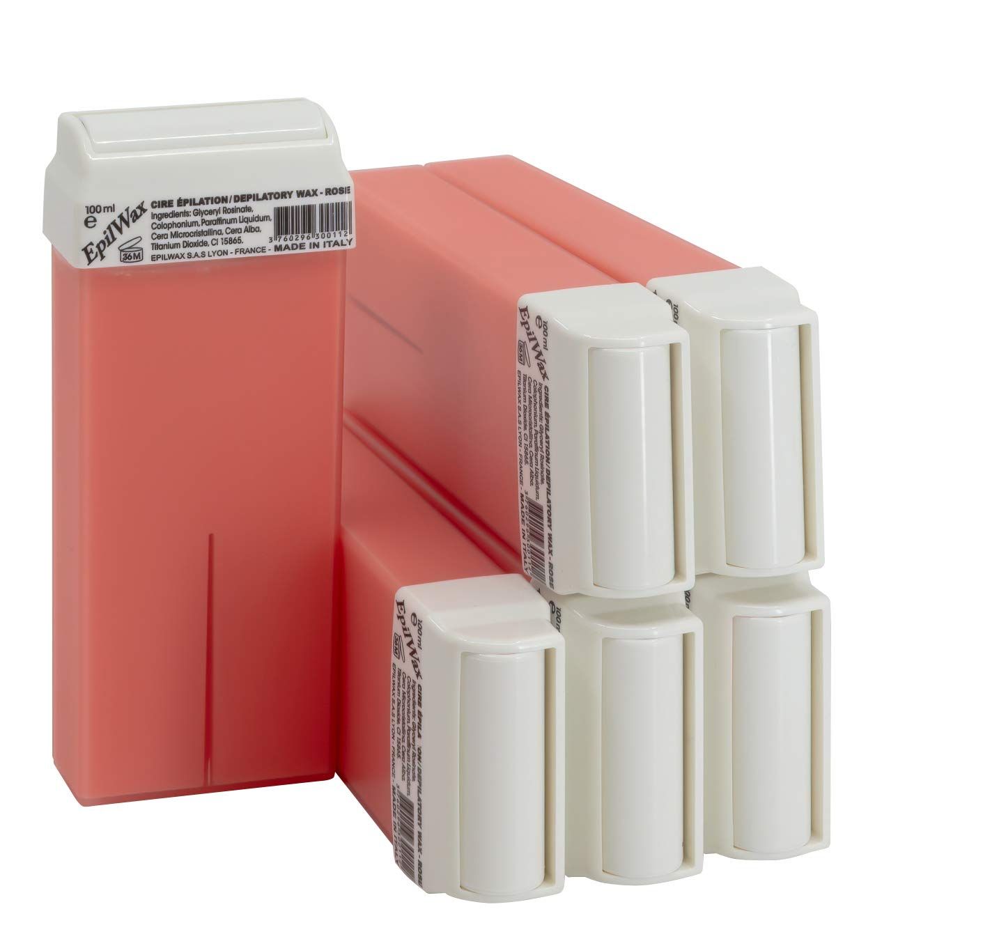 Plusieurs cartouches de cire avec couvercle blanc. Boîtier rose. Inscription EpiWax.
