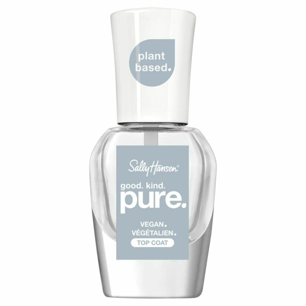 Flacon de vernis à ongles transparent avec bouchon blanc. Étiquette : "Sally Hansen good. kind. pure. VEGAN. VÉGÉTALIEN. TOP COAT".