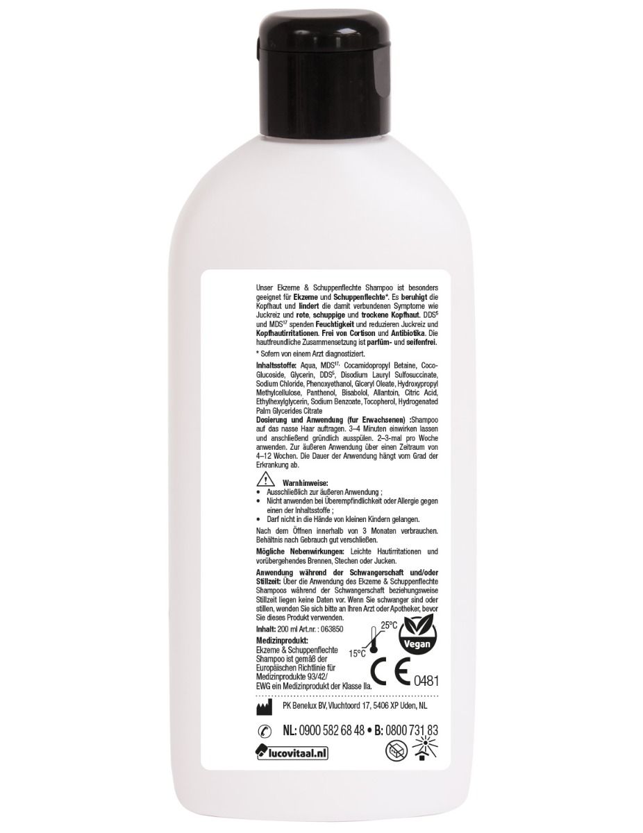 Dos d'un flacon blanc avec bouchon noir. Texte avec ingrédients et mode d'emploi. Label végétalien et marquage CE.