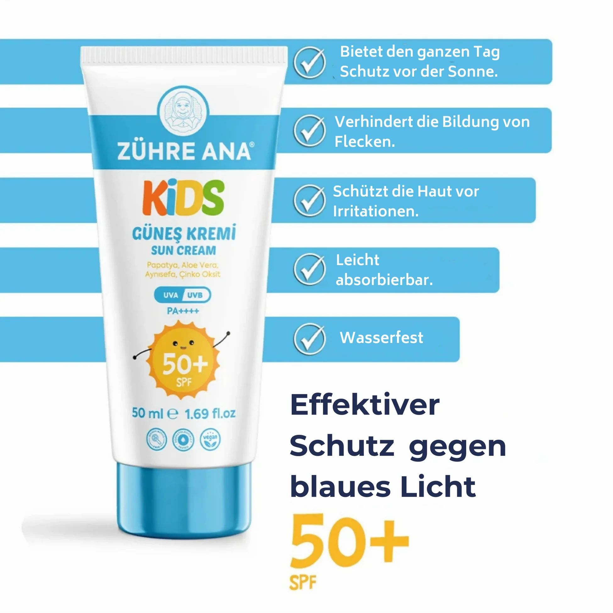 Zühre Ana Kids zonnebrandcrème SPF 50+ tube met lijst van voordelen zoals waterbescherming en lichte absorptie.