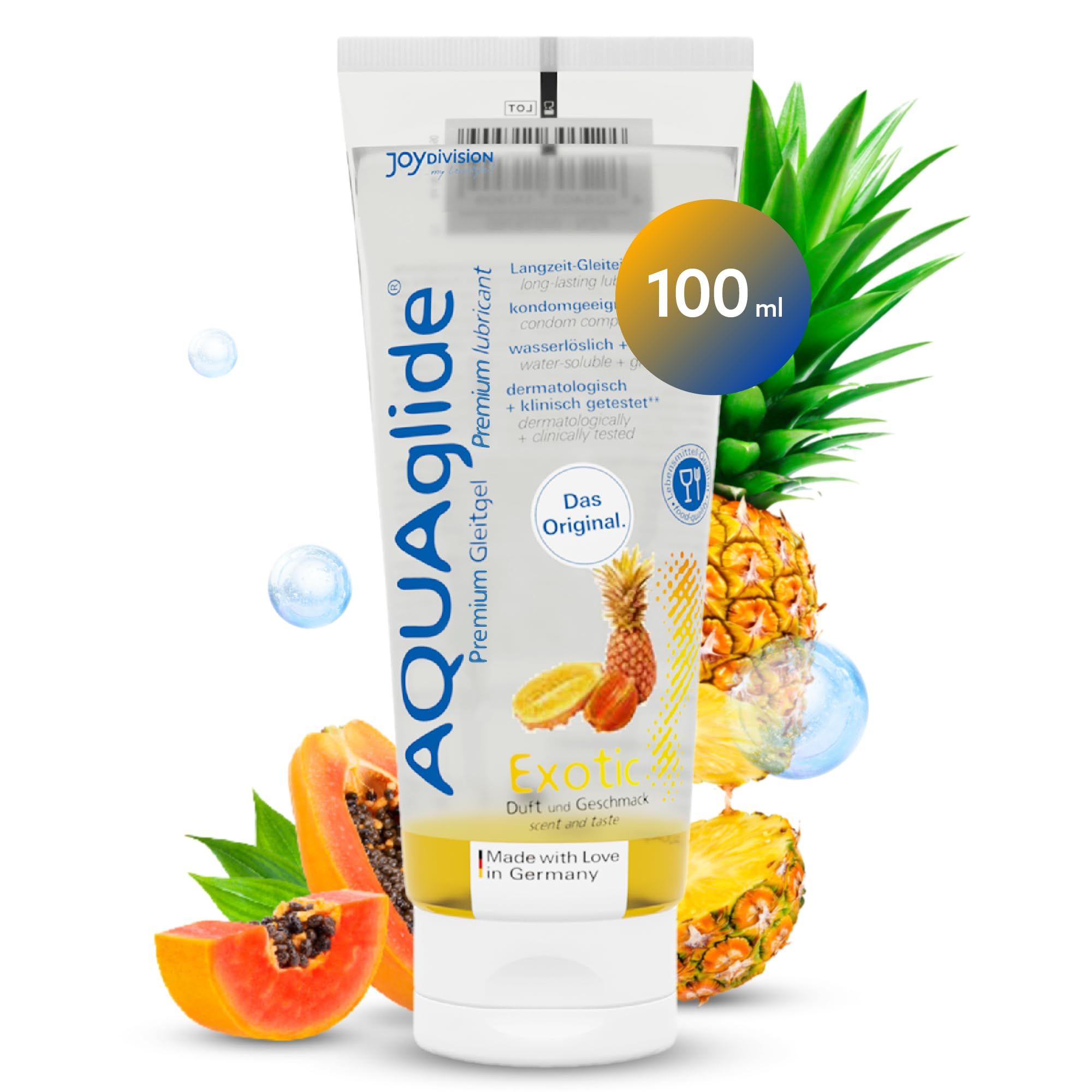Aquaglide Premium Lubrifiant, tube de 100ml, parfum et goût exotiques.