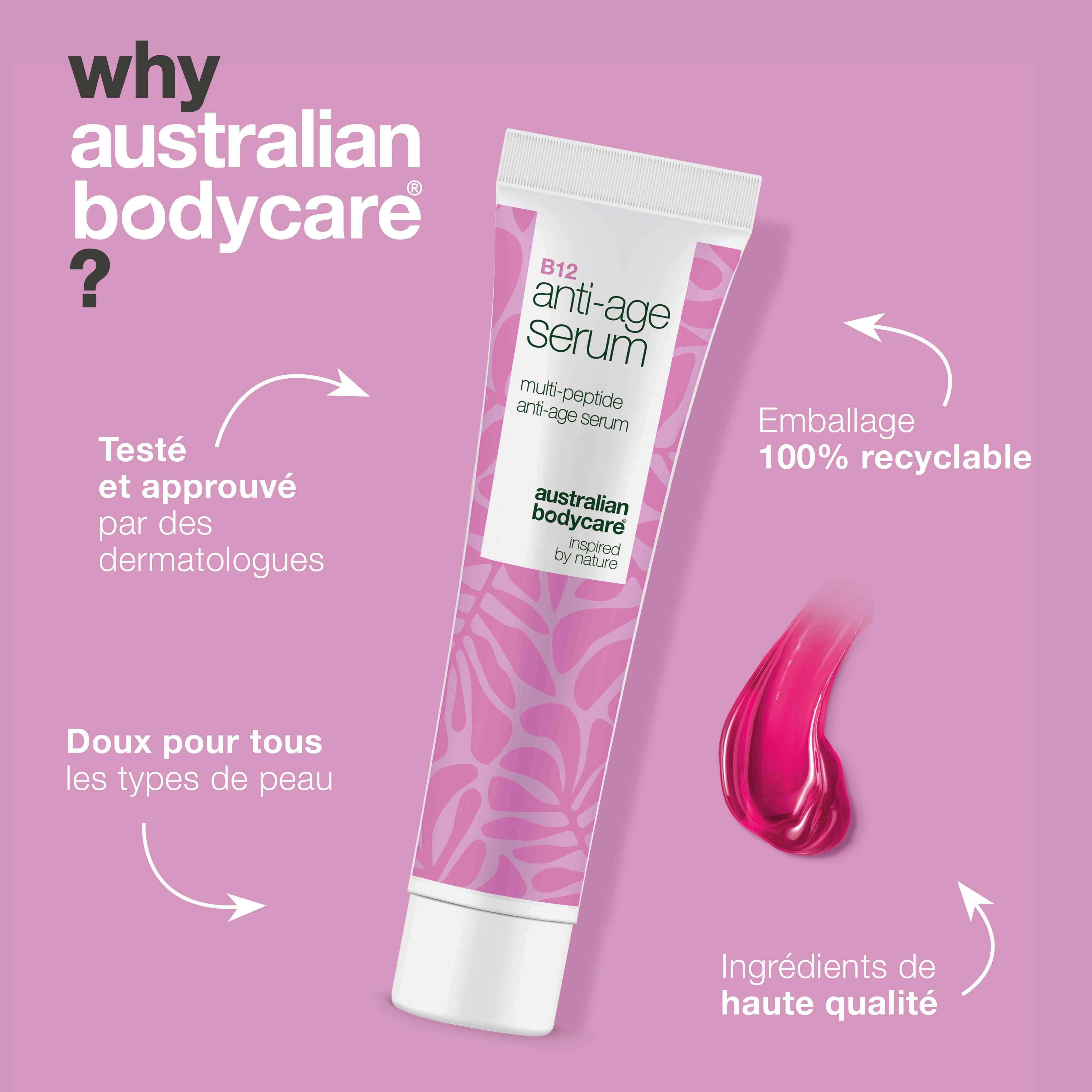 Tube de sérum anti-âge B12. Texte : testé, emballage recyclable, ingrédients de haute qualité, doux pour tous types de peau. Logo.