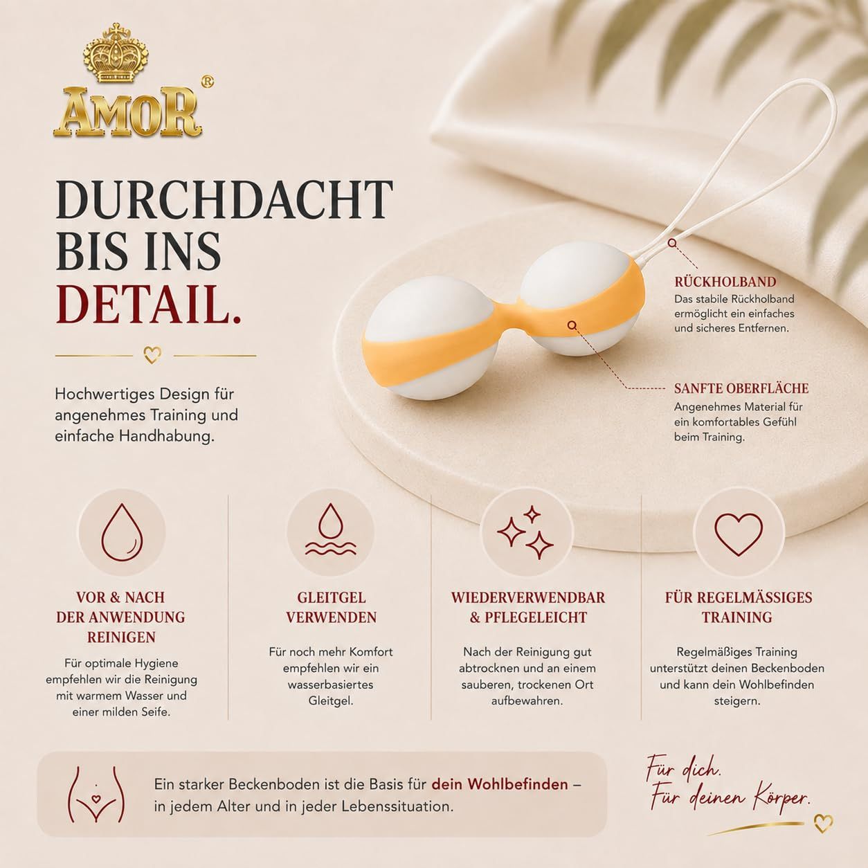 Duo-ball pour plancher pelvien, blanc et orange, avec texte et graphiques.