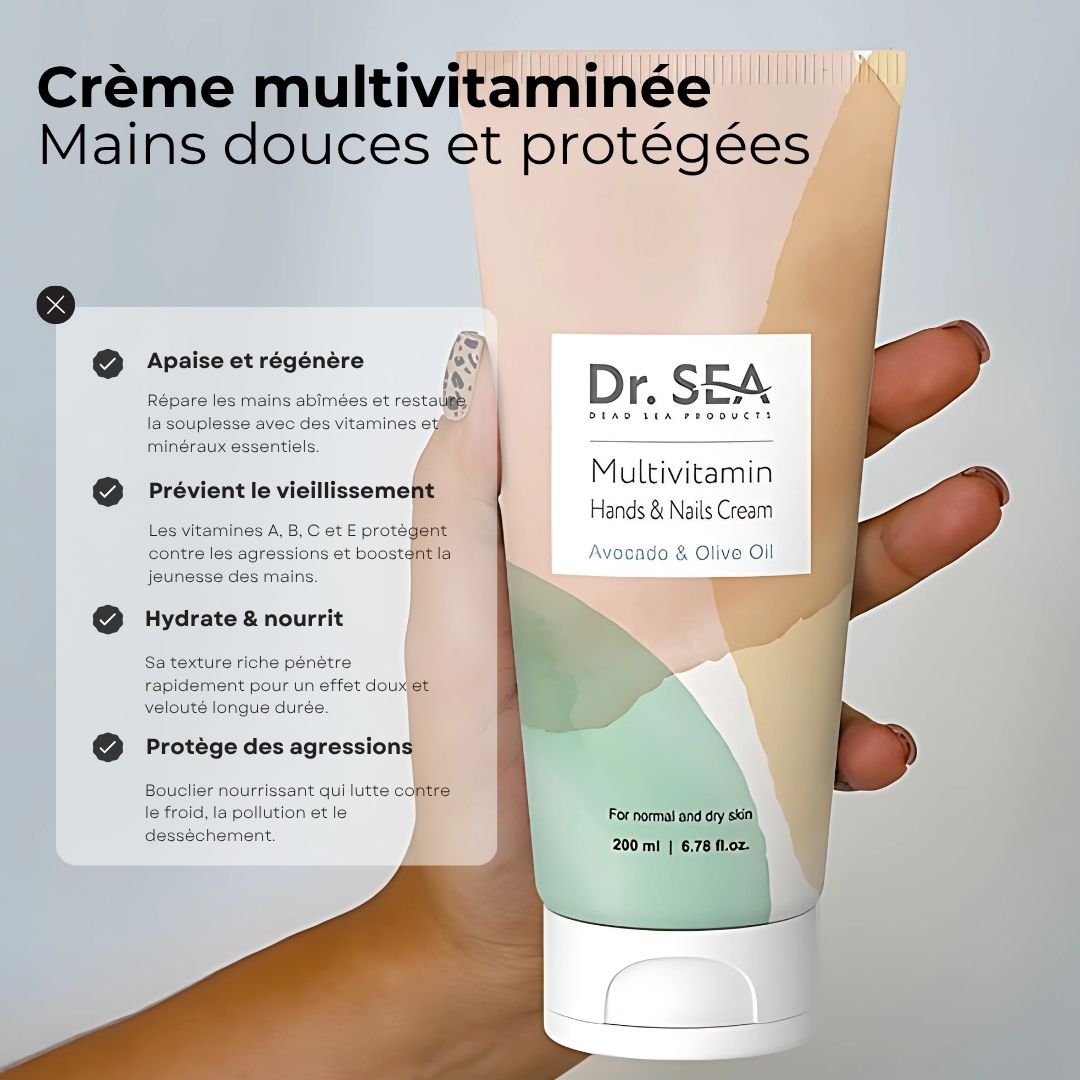 Tube de crème. Dr. Sea Multivitamin Mains & Ongles. Huile d'avocat et d'olive. Ingrédients et texte.