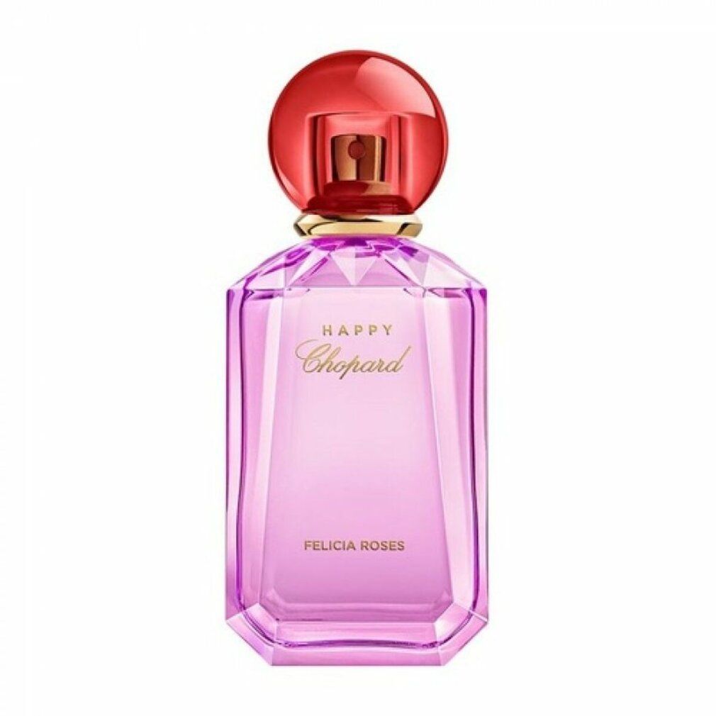 Flacon rose avec bouchon rouge. Inscriptions dorées: Happy Chopard, Felicia Roses. Forme angulaire avec facettes.