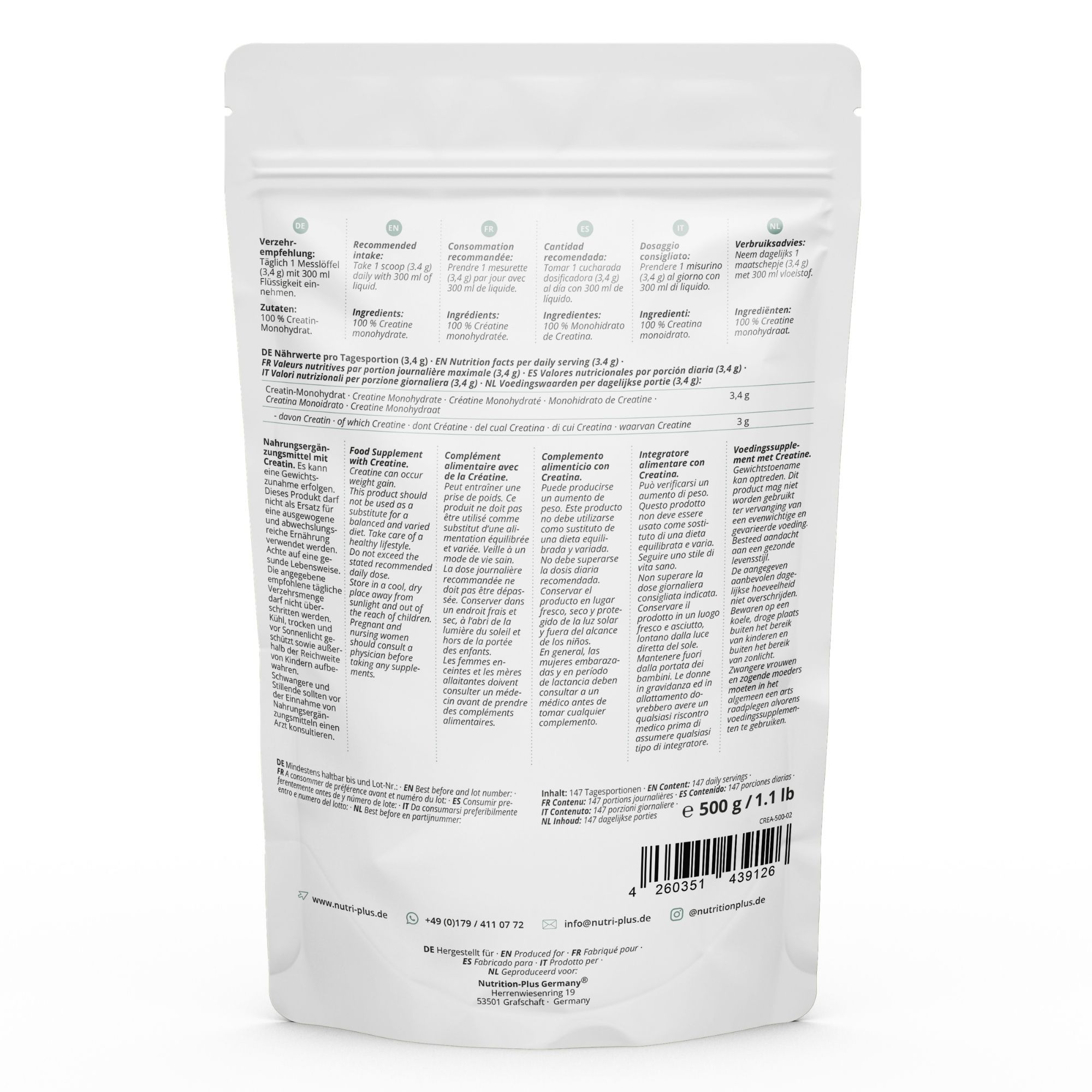 Dos d'un sachet de poudre de créatine nutri+. Contient des informations nutritionnelles détaillées, des ingrédients et des instructions.