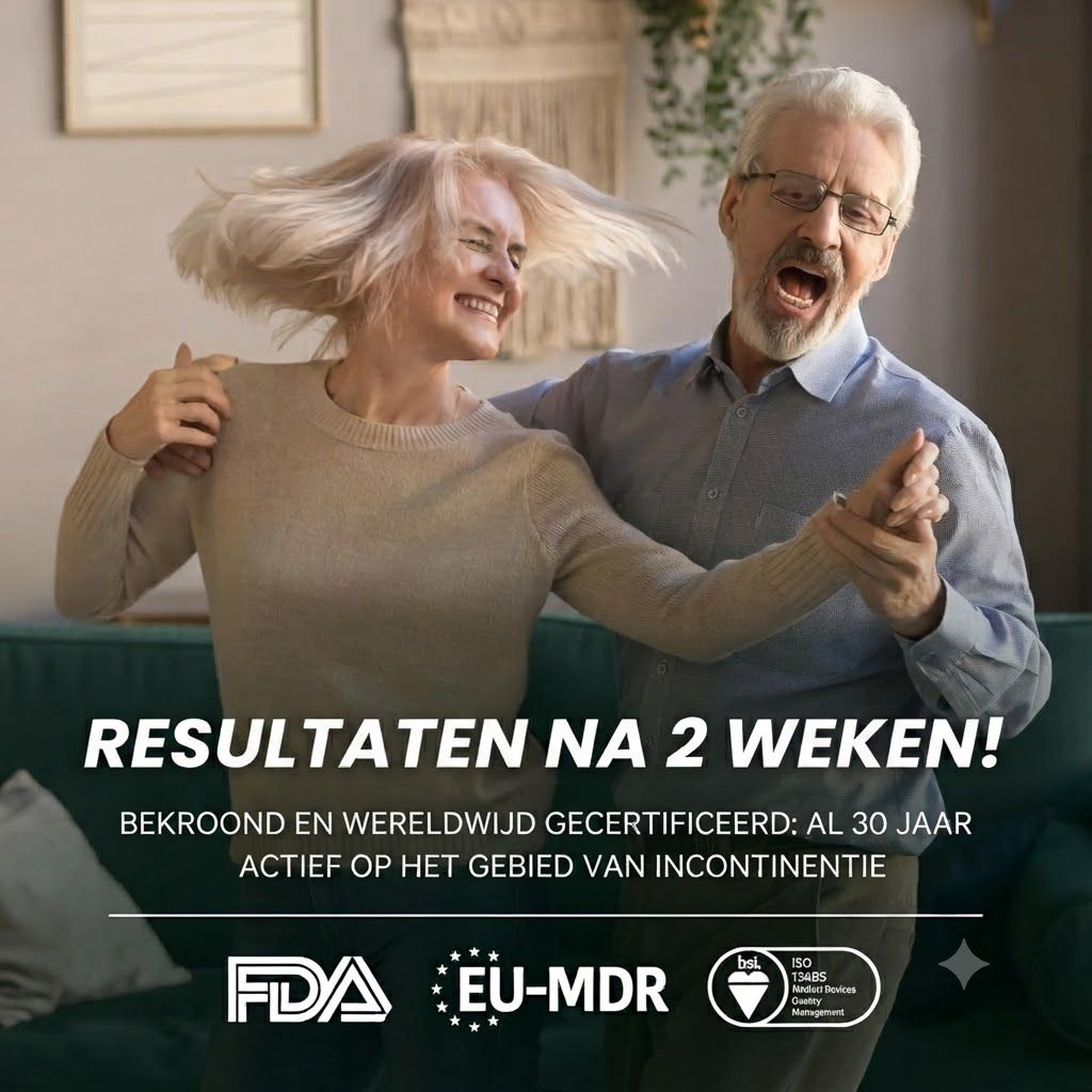 Ouder echtpaar danst vrolijk. Tekst: Resultaten na 2 weken. Bekroond en wereldwijd gecertificeerd: 30 jaar actief op het gebied van incontinentie. FDA, EU-MDR, ISO 13485.