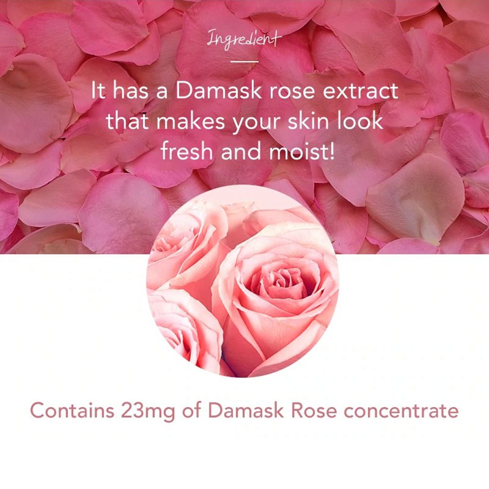Roze rozenblaadjes achtergrond. Tekst: Ingredient, It has a Damask rose extract that makes your skin look fresh and moist!, Contains 23mg of Damask Rose concentrate.