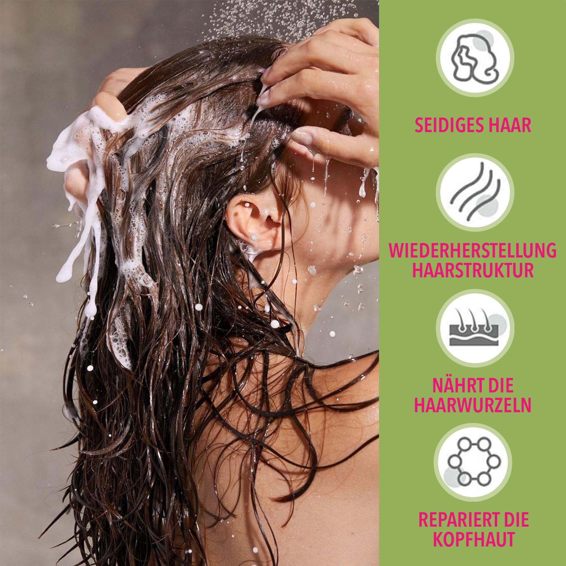 Personne se lave les cheveux avec du shampooing. Symboles: cheveux soyeux, structure capillaire, racines capillaires, cuir chevelu.