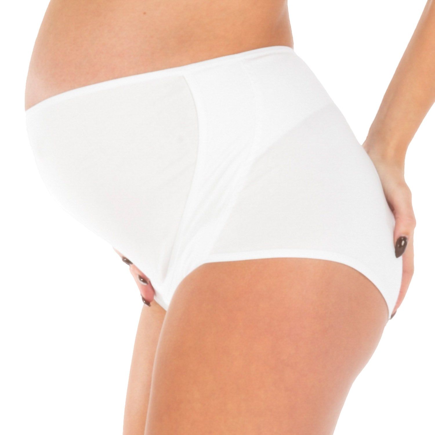 Culotte de grossesse blanche en bambou. Taille haute, couvrant le ventre. Vue latérale, femme tenant son ventre.