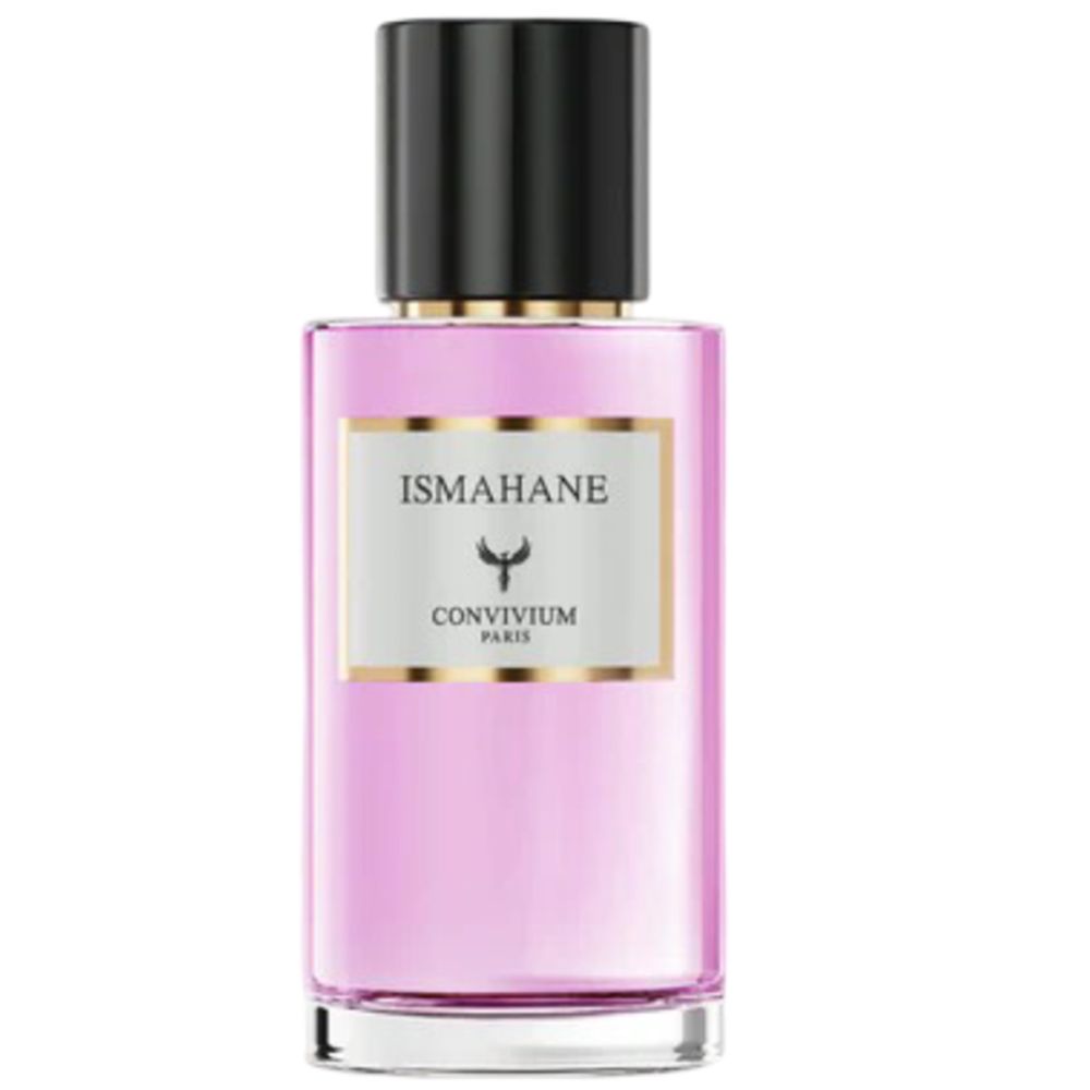Flacon de parfum avec liquide rose, bouchon noir et étiquette. Étiquette avec texte et logo. Flacon en verre transparent.