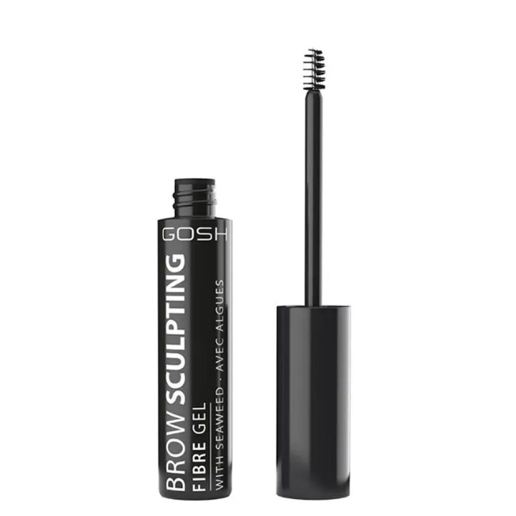 Tube noire de Gosh Brow Sculpting Fibre Gel avec brosse. Texte: Brow Sculpting Fibre Gel, avec algues.