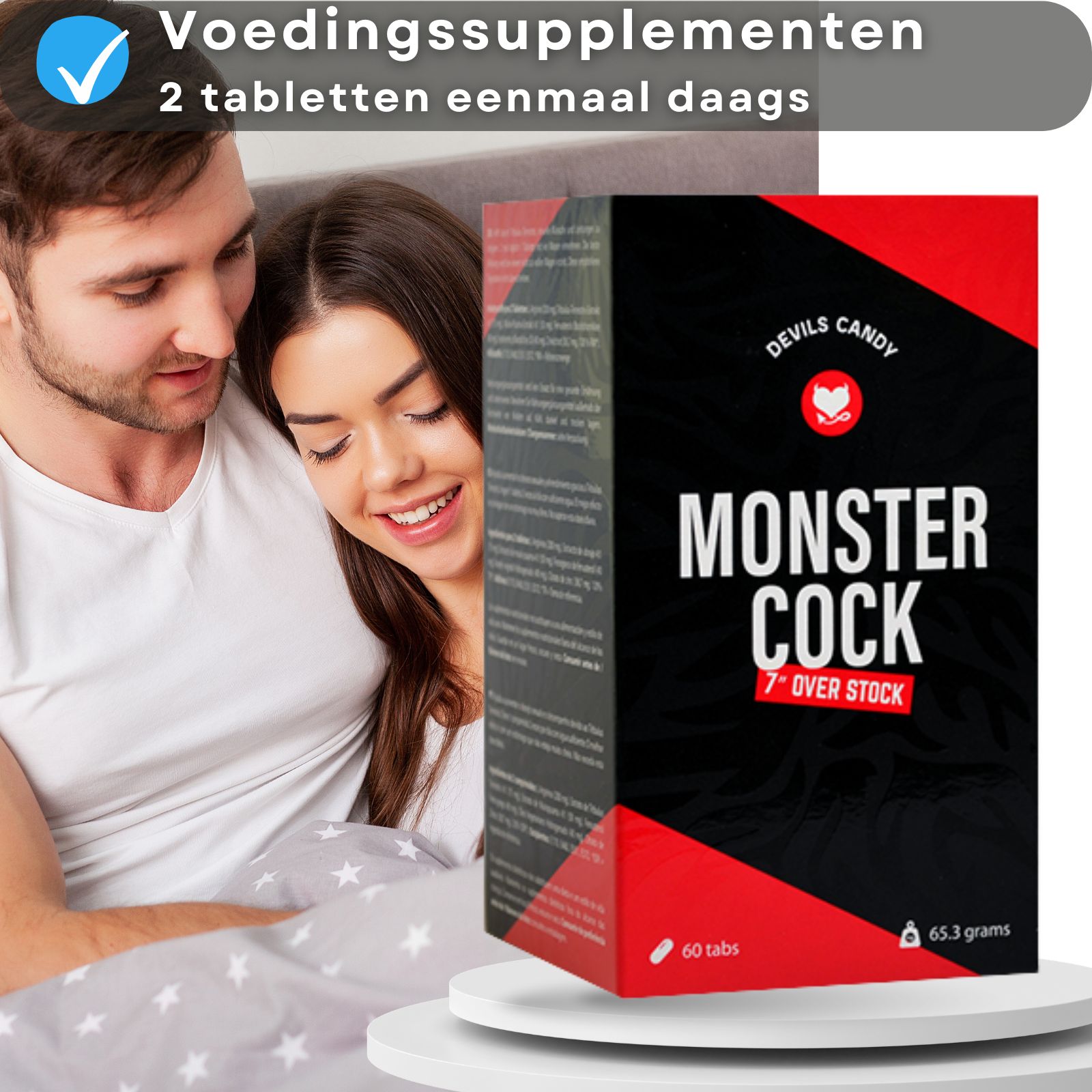 Koppel in bed. Doos met MONSTER COCK. Tekst: 2 tabletten per dag.