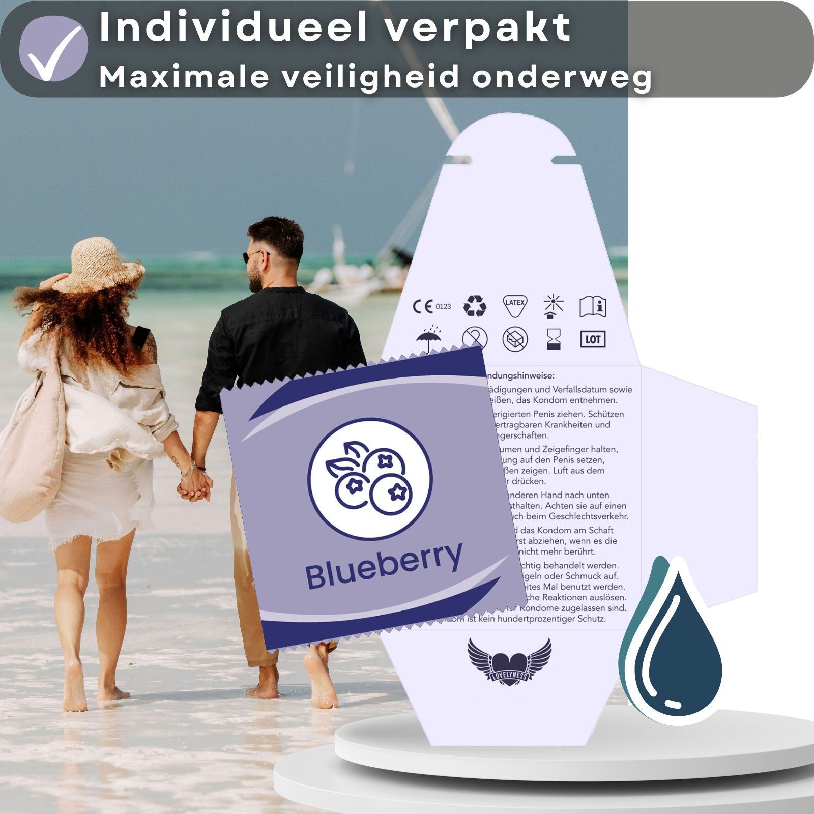 Condooms met bosbessmaak, lengte 190 mm, nominale breedte 52 mm. Extra glijmiddel.