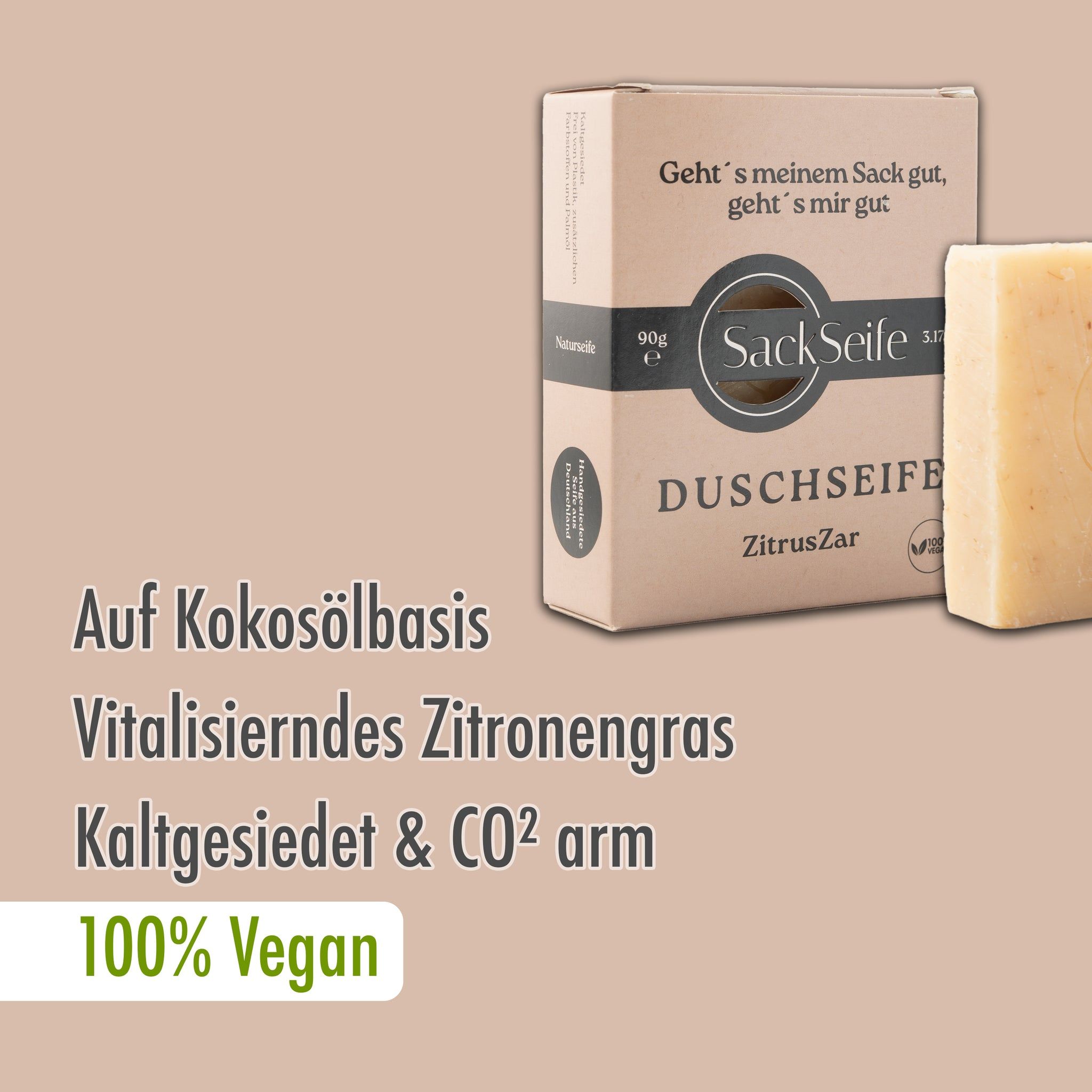Douchezeep ZitrusZar en verpakking. Vierkante zeep, doos met tekst en logo. Opschrift: 100% Vegan.