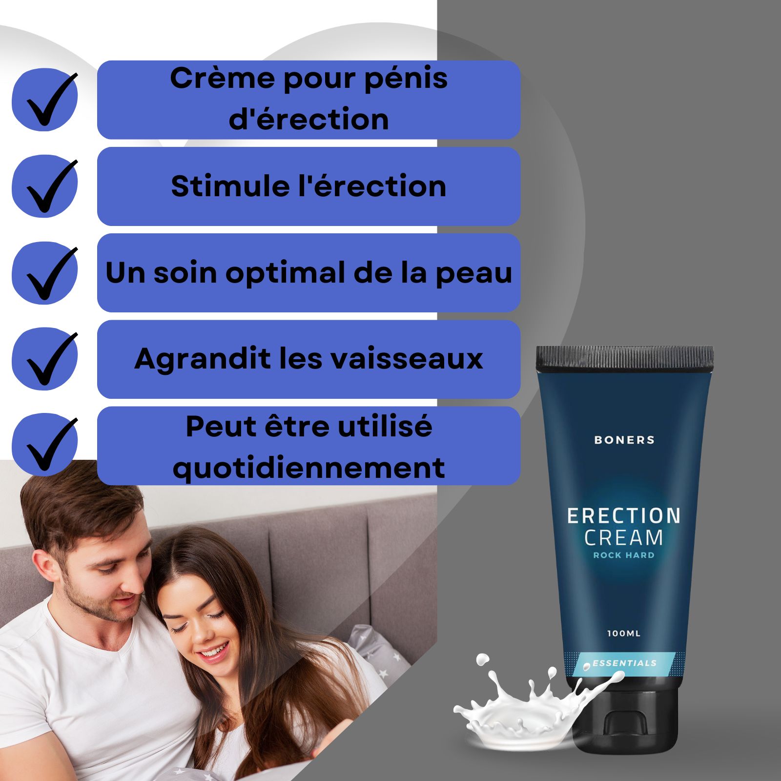 Deux tubes de produit et panneau de texte. Homme en arrière-plan. Tube ouvert.
