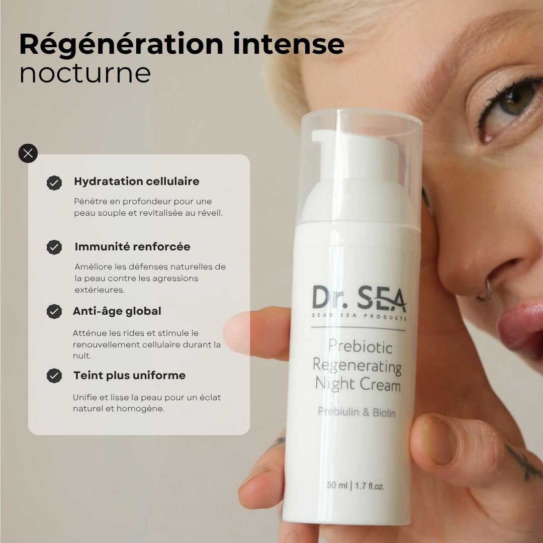 Femme tenant un flacon de crème. Texte : Hydratation cellulaire, Immunité renforcée, Anti-âge, Teint plus uniforme.