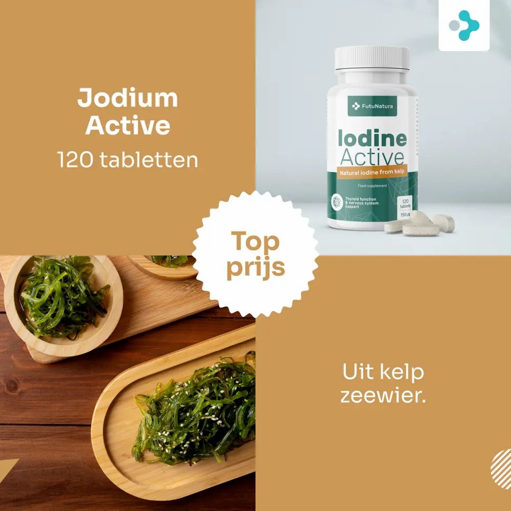 Fles FutuNatura Jod Active met zeewier en 120 tabletten. Tekst: Top prijs.