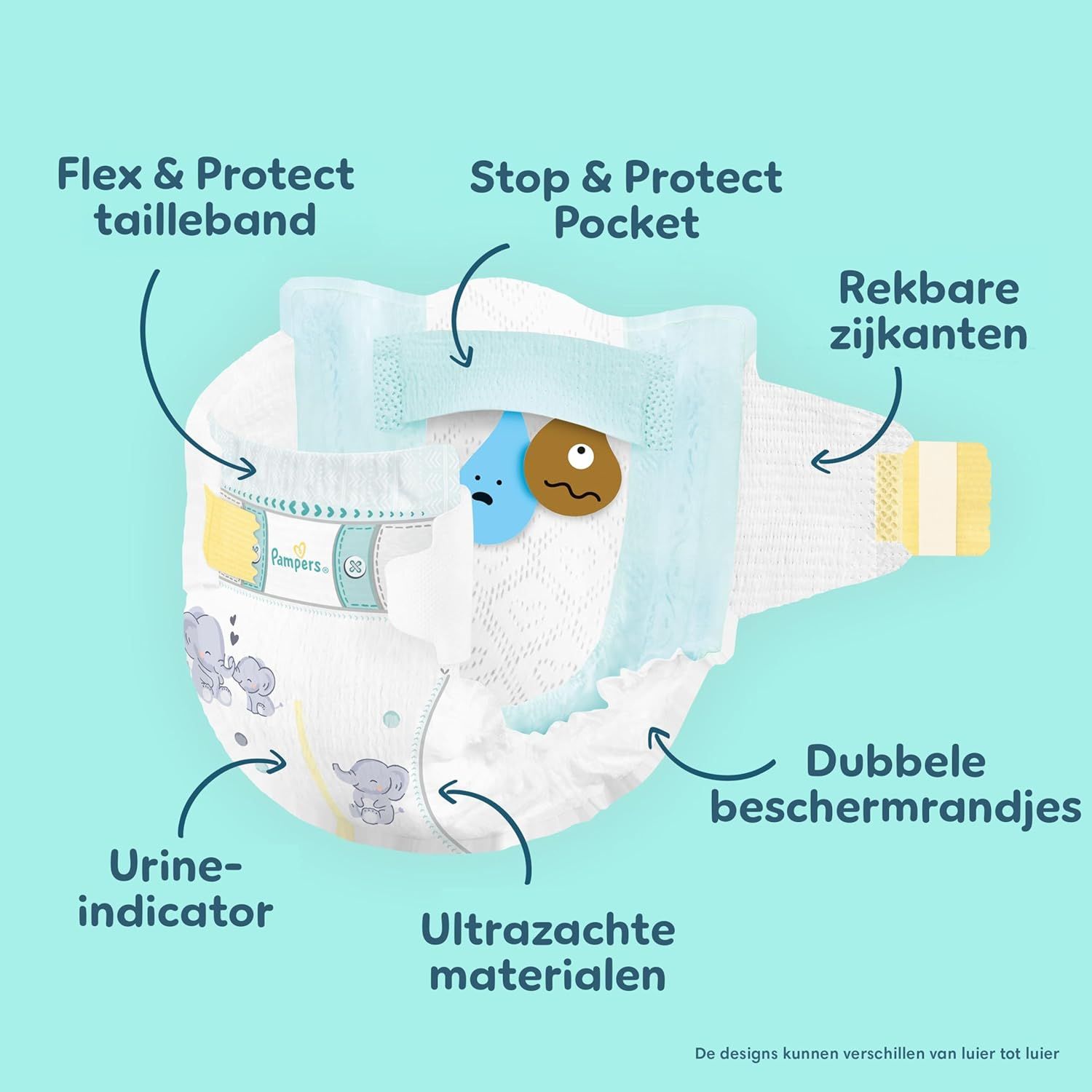 Overzicht Pampers luiermaten: Maten 0 (<3kg) tot 7 (15+kg).