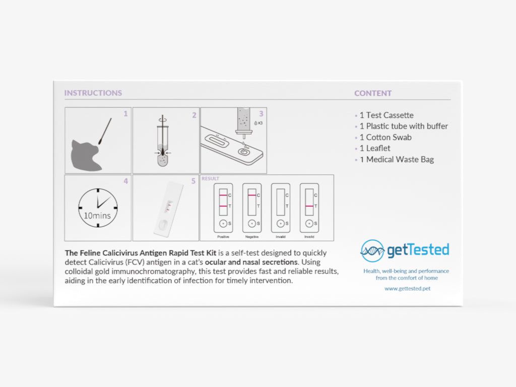 Boîte avec illustrations et texte. Contient une cassette de test, un tube, un écouvillon, une notice et un sac de déchets médicaux.