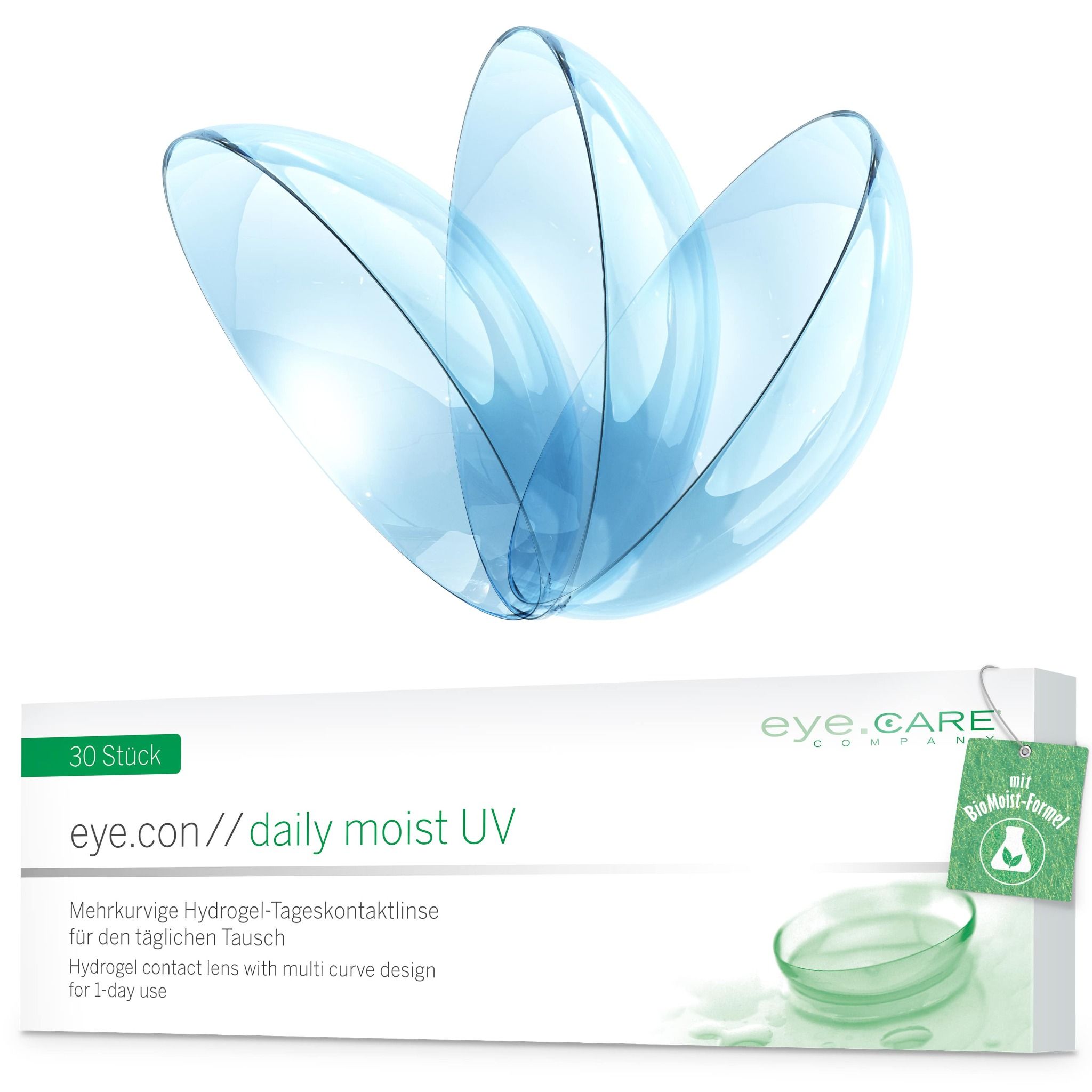 Verpakking met drie contactlensdesigns en één contactlens in zijn houder.