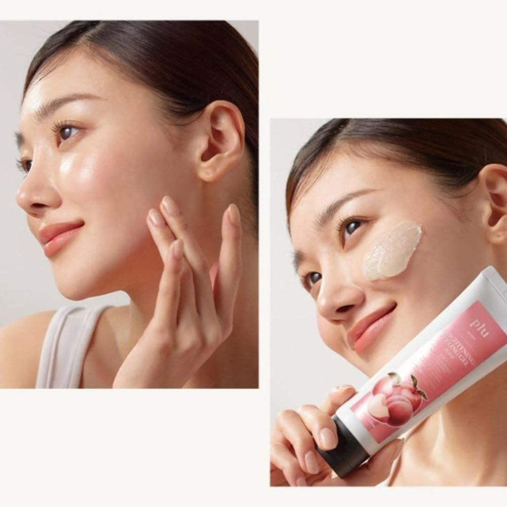 Femme appliquant du gel sur le visage. Emballage du produit avec texte : PLU Brightening Cleansing Gel.