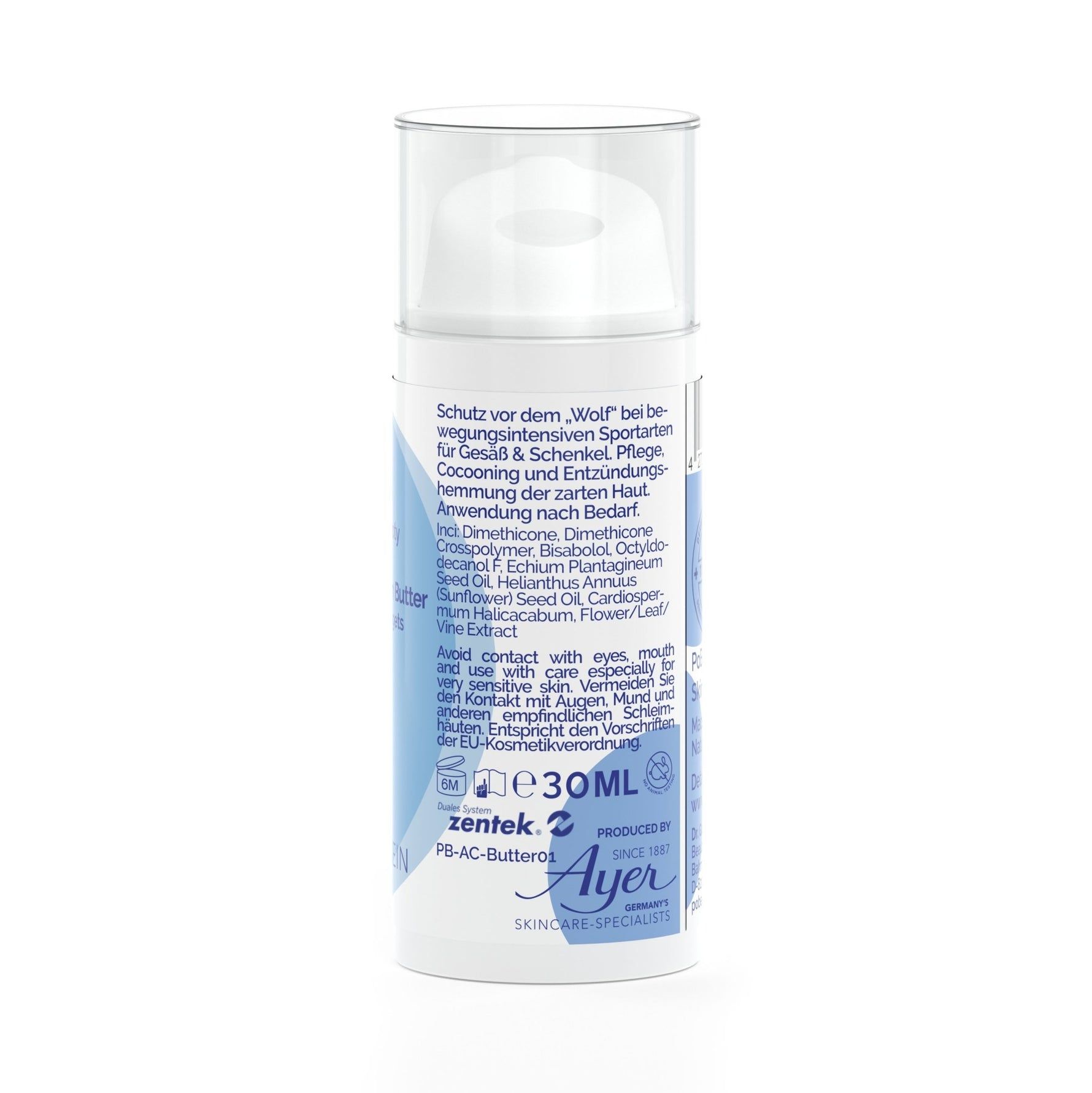 Flacon cylindrique avec pompe. Étiquettes bleues avec texte et ingrédients. Volume: e30ml. Marque: Ayer Skincare Specialists.