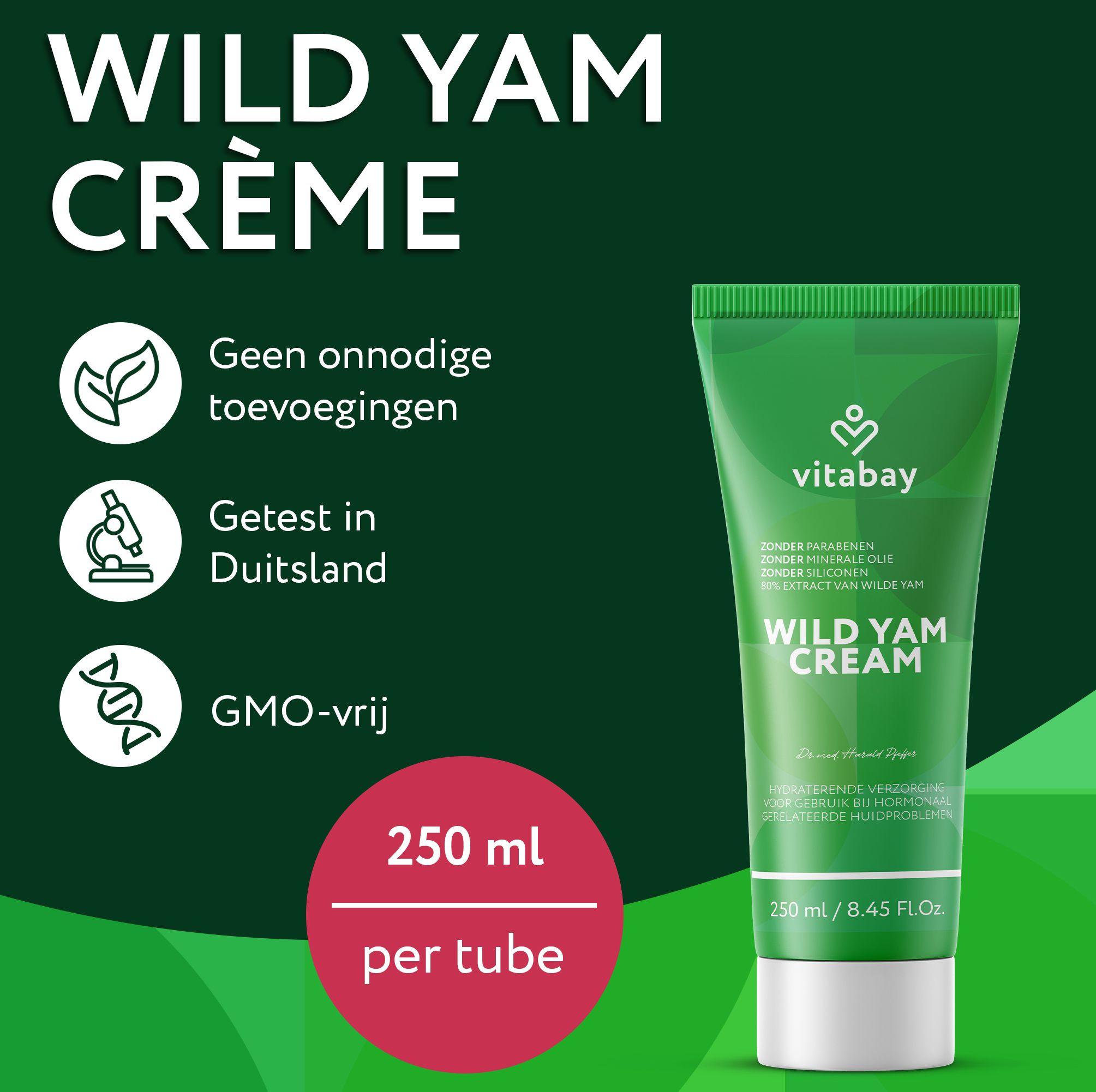 Vitabay Wild Yam Cream tube. Zonder toevoegingen, getest in Duitsland, GMO-vrij. 250ml.
