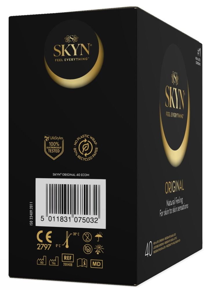 Zwarte verpakking met SKYN-logo en productnaam. Bevat 40 condooms. Opschrift: Original, Natural Feeling.