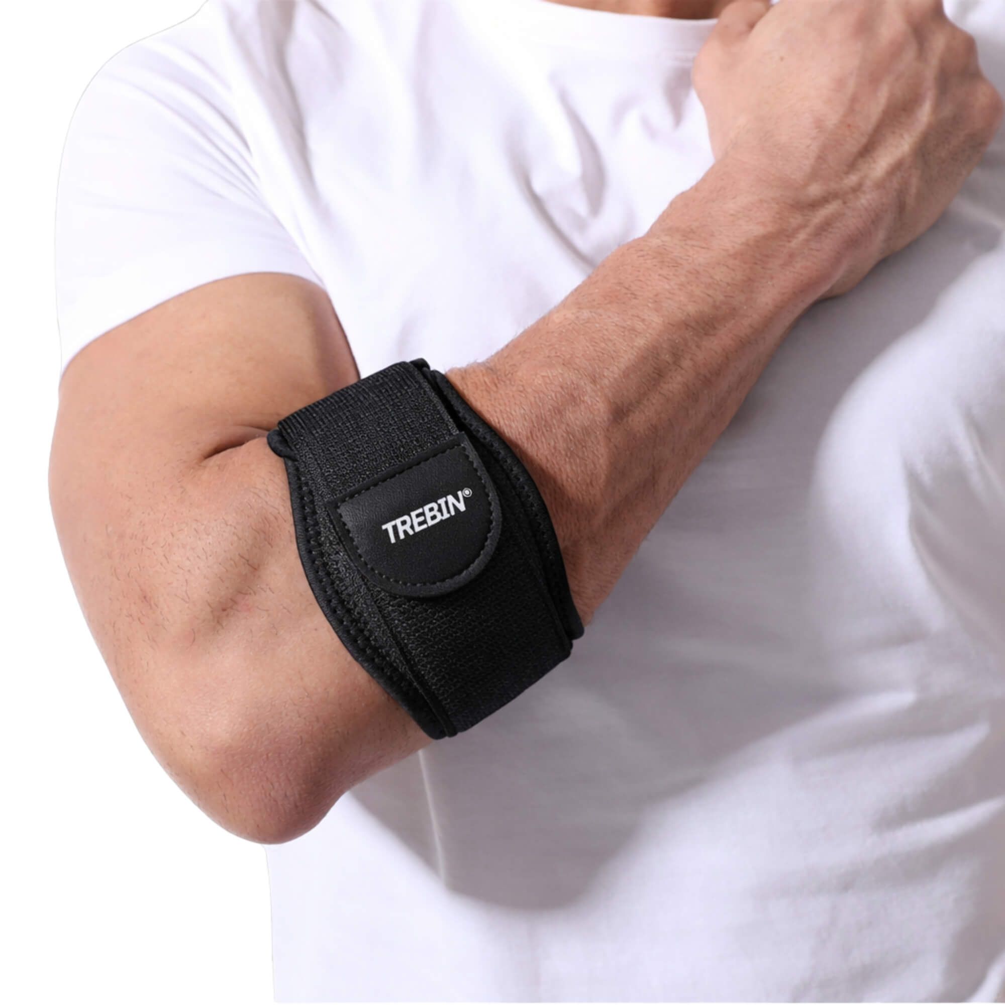 Support de coude noir avec fermeture velcro et le nom de marque TREBIN.