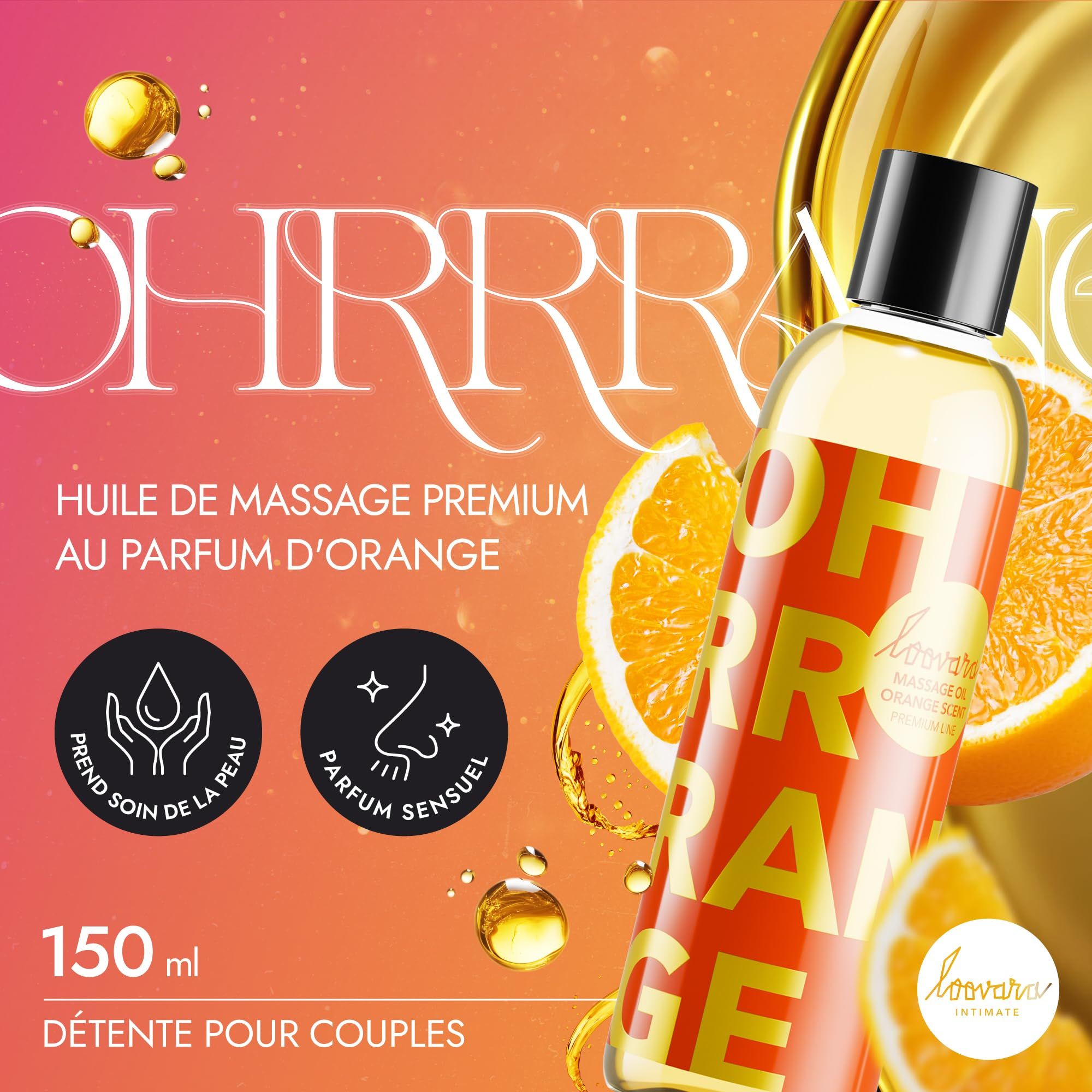 Bouteille d'huile de massage Loovara Oh Rrrange avec des tranches d'orange et des gouttes d'huile.