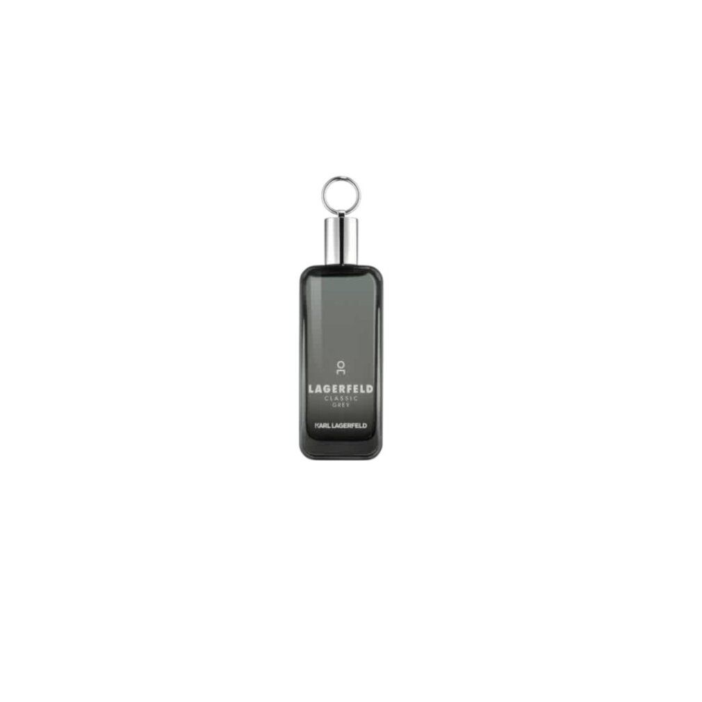 Flacon Karl Lagerfeld Classic Grey Eau de Toilette. Flacon en verre gris avec bouchon argenté et anneau.