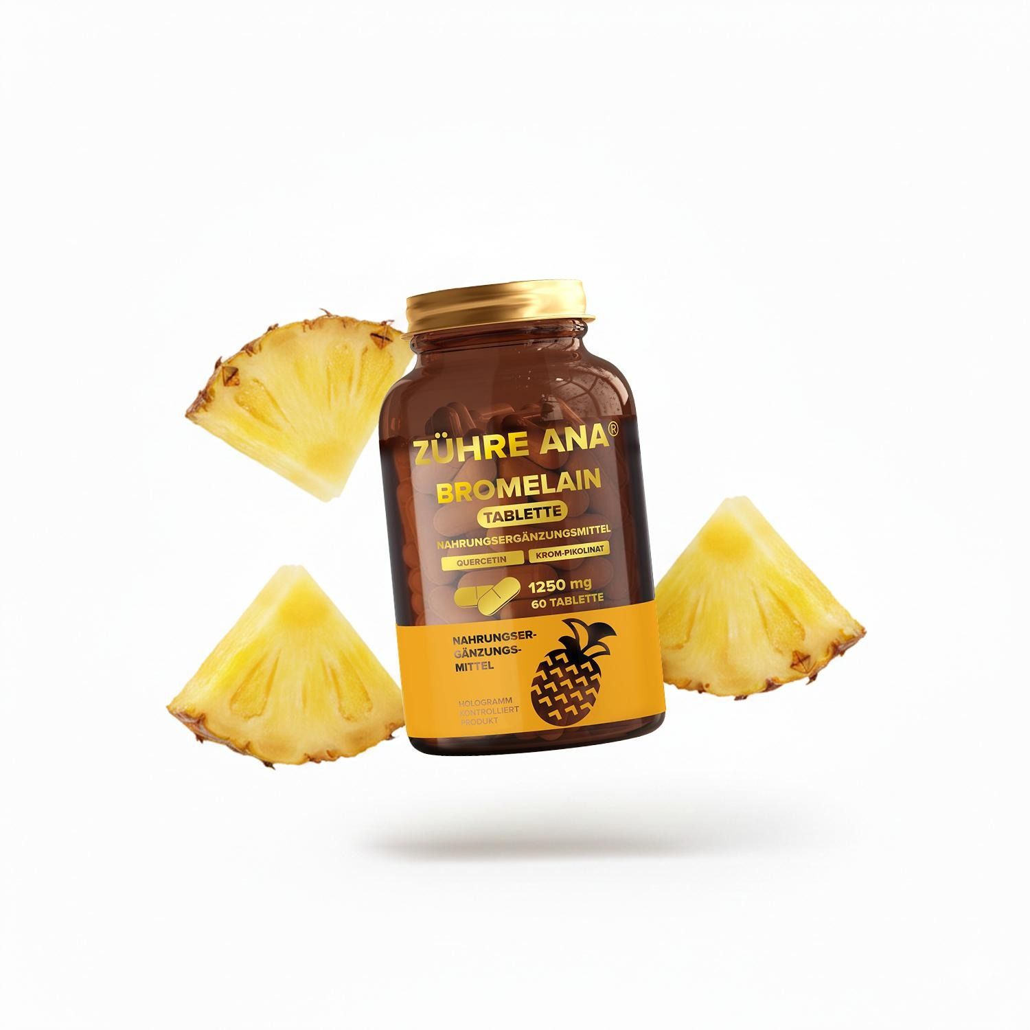 Gélules Zühre Ana Bromélaïne : Flacon flottant entouré de morceaux d'ananas.