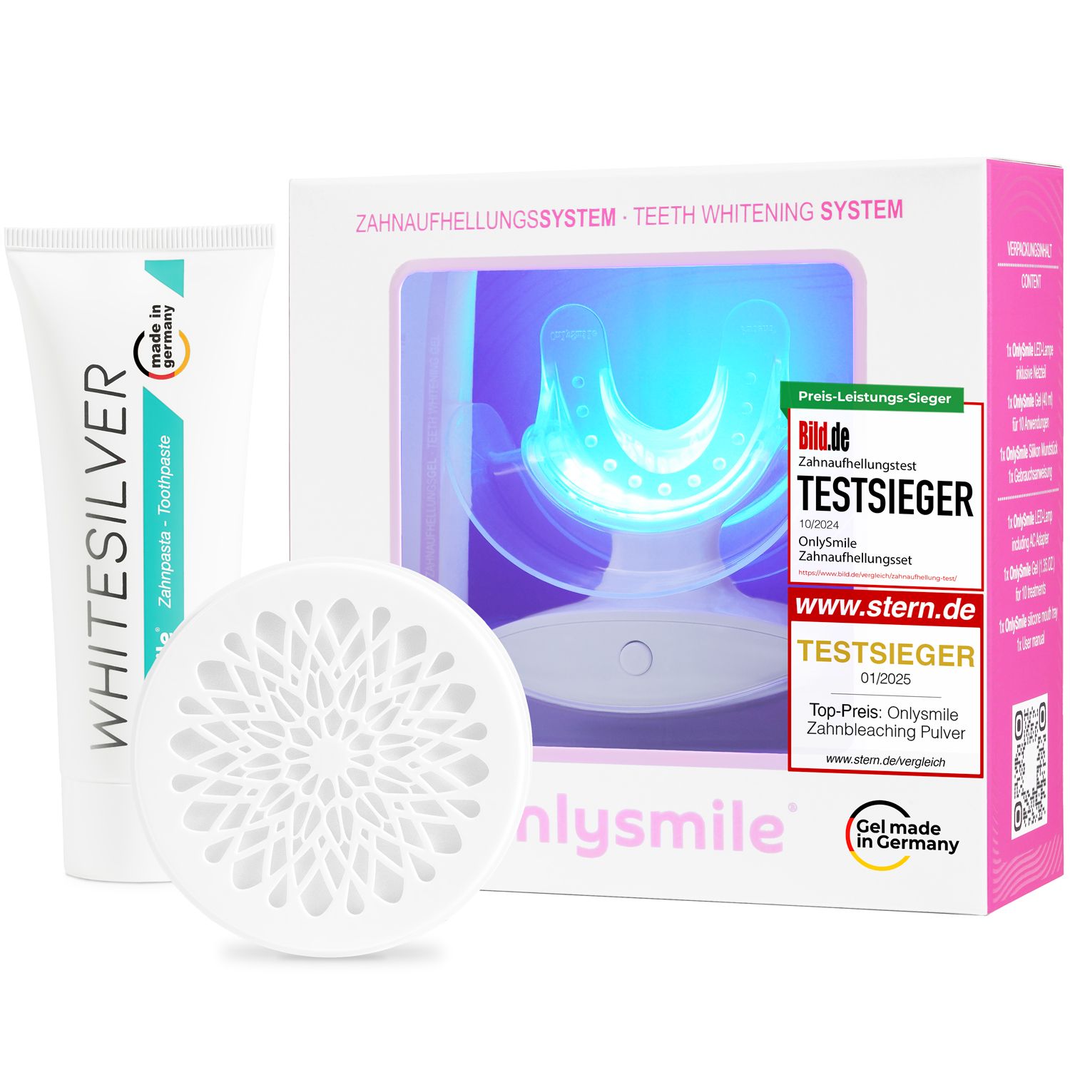 Système de blanchiment dentaire. Dentifrice, poudre et appareil LED. Prix et certificats.