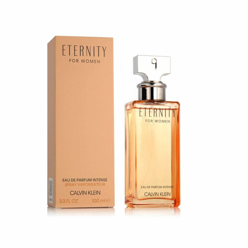 Flacon et emballage. Flacon : Eternity for Women, Eau de Parfum Intense, Calvin Klein. Emballage : Beige, rectangulaire.