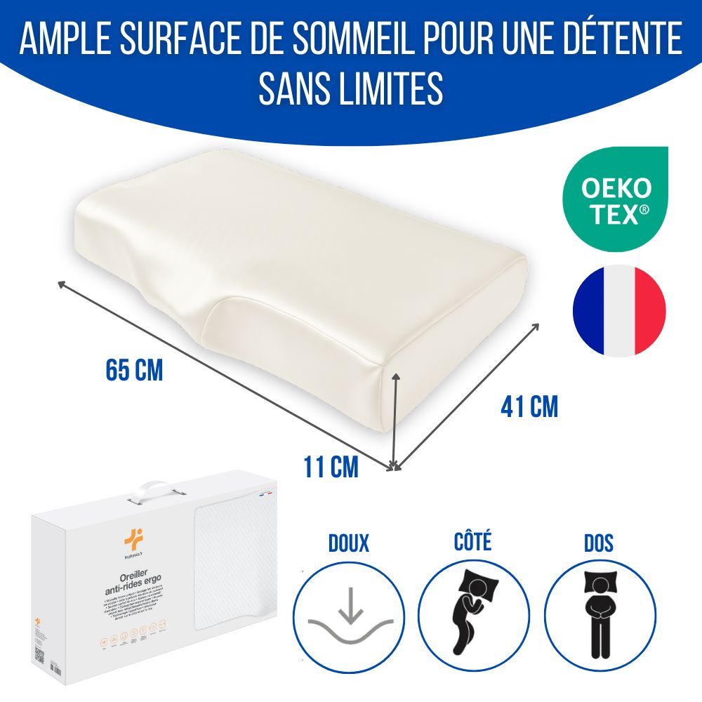 Coussin ergonomique avec texte et diagrammes. Texte: Conception ergonomique. Diagrammes.