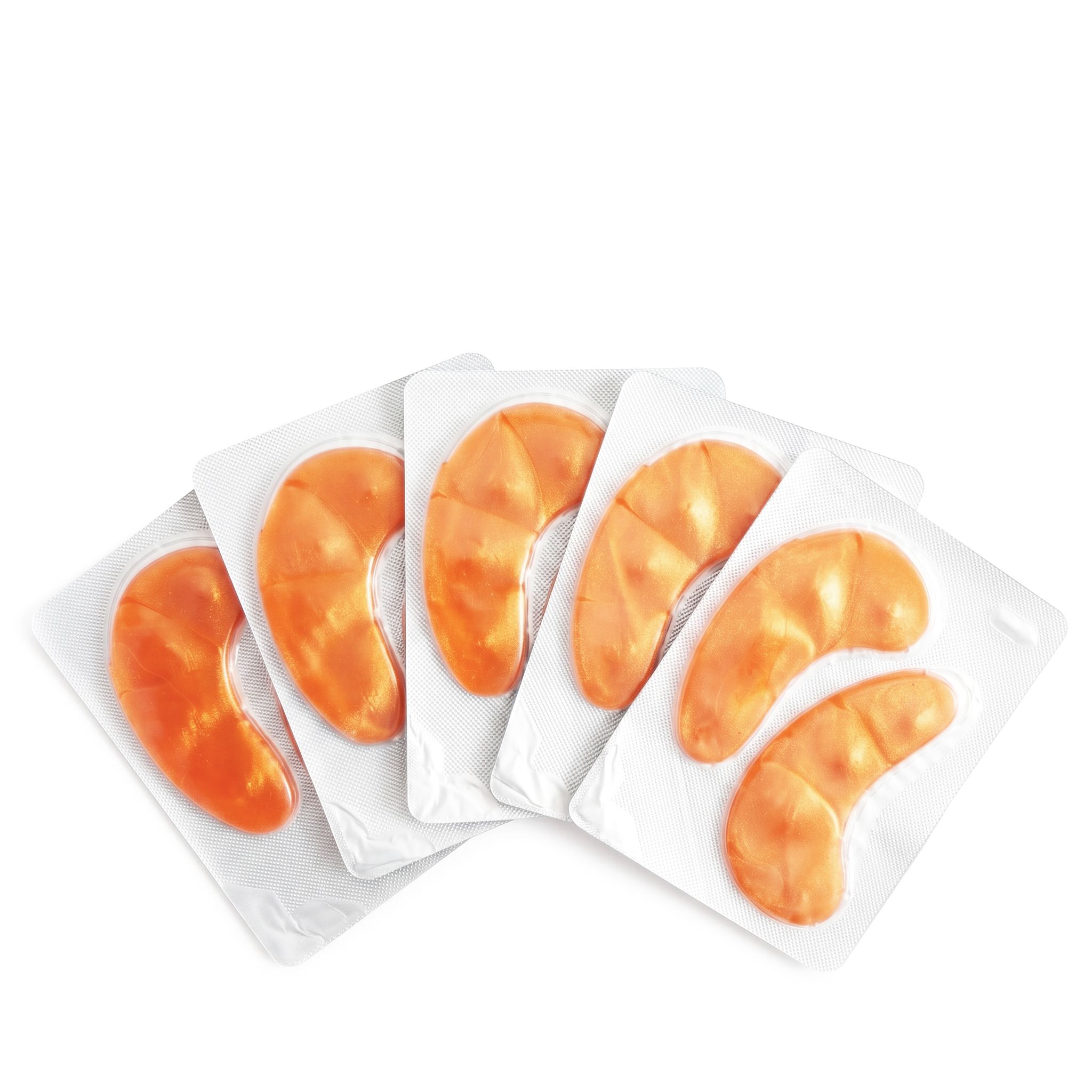 Vijf individuele verpakkingen, elk met twee oranje hydrogel oogpads.