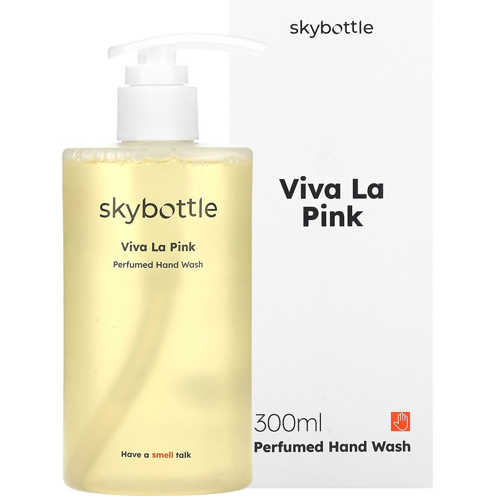 Vloeibare zeep met dispenser en verpakking. Opschrift: skybottle, Viva La Pink, Perfumed Hand Wash, 300ml. Witte verpakking.