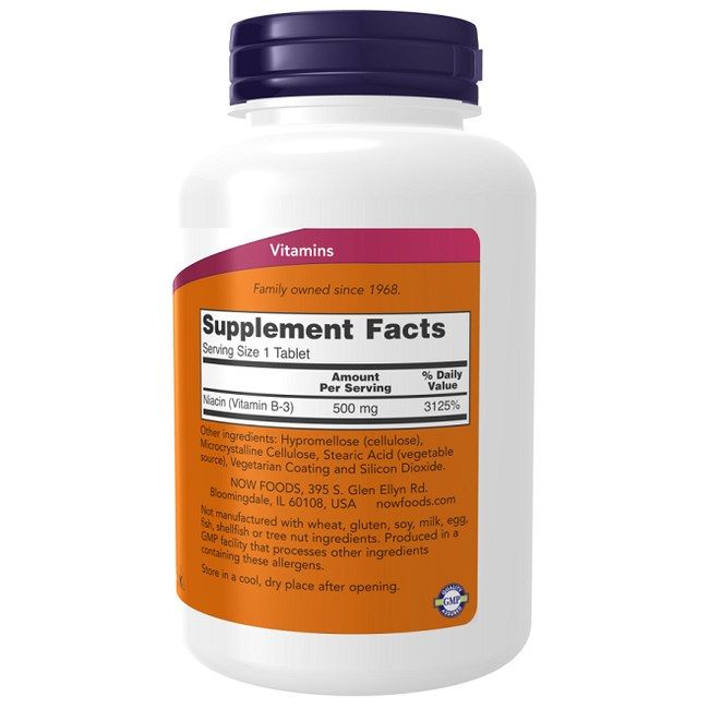 NOW Niacine 500 mg, Supplement Facts, 250 comprimés, Niacine (Vitamine B-3).