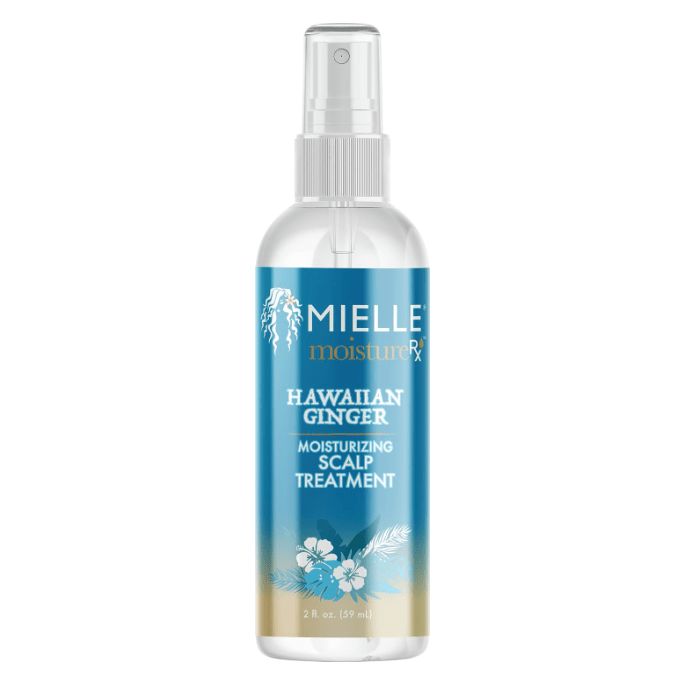 Flacon transparent avec vaporisateur. L'étiquette indique "Mielle Moisture RX Hawaiian Ginger Moisturizing Scalp Treatment".