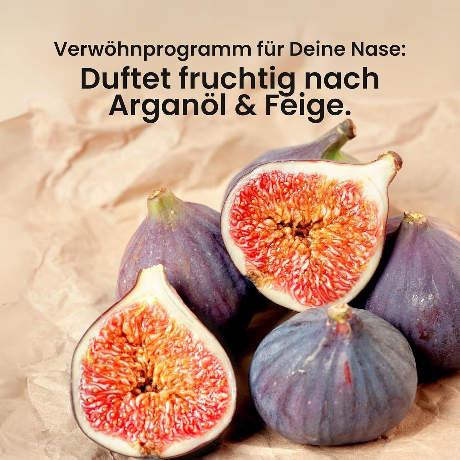 Close-up van vijgen. Tekst: Ruikt fruitig naar arganolie & vijg.