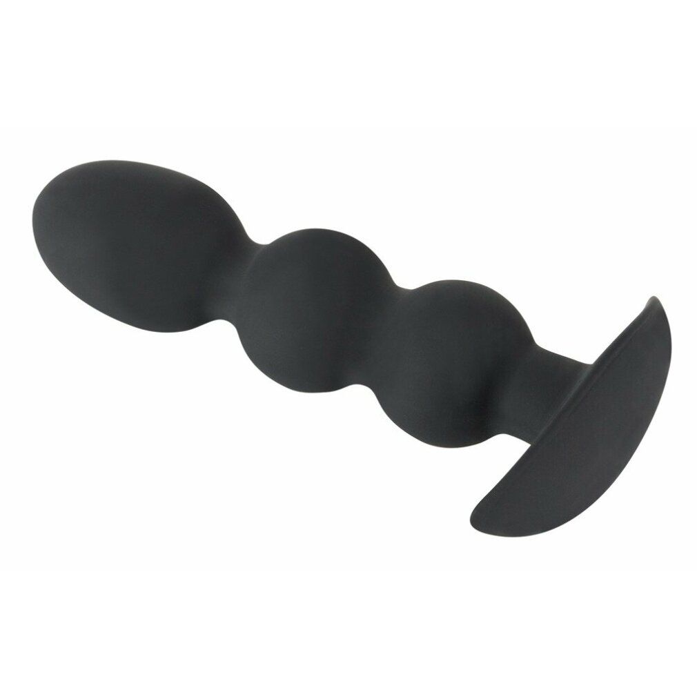 Zwarte anale plug met drie bollen en brede flens.