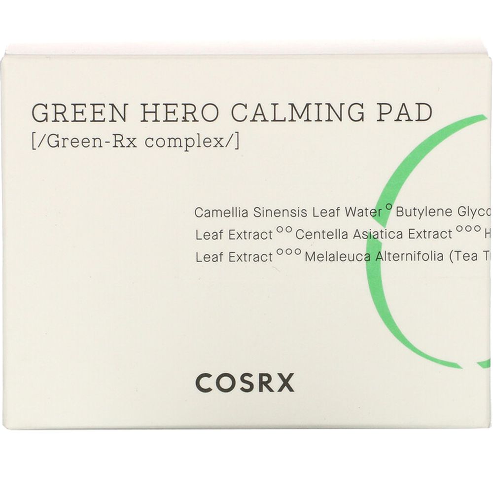 Witte verpakking met opschrift: Green Hero Calming Pad, COSRX. Groene accenten en ingrediënten.