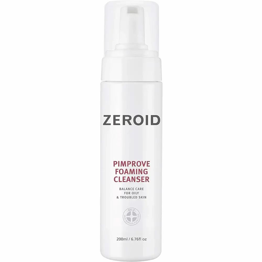 Flacon blanc ZEROID Pimprove Foaming Cleanser avec pompe. Nom du produit et texte. 200ml/6.76fl oz.