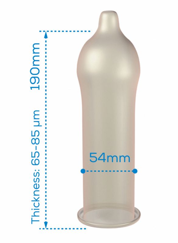 Préservatif avec dimensions: 190mm de long, diamètre 54mm, épaisseur 65-85 µm.