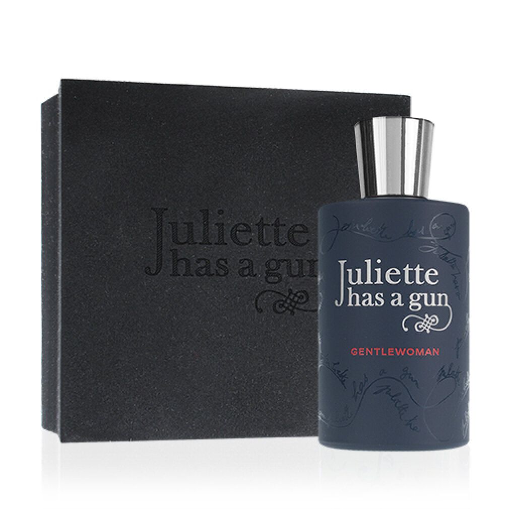 Donkerblauwe fles en zwarte doos. Opschrift: Juliette has a gun, Gentelwoman. Fles met zilveren dop.
