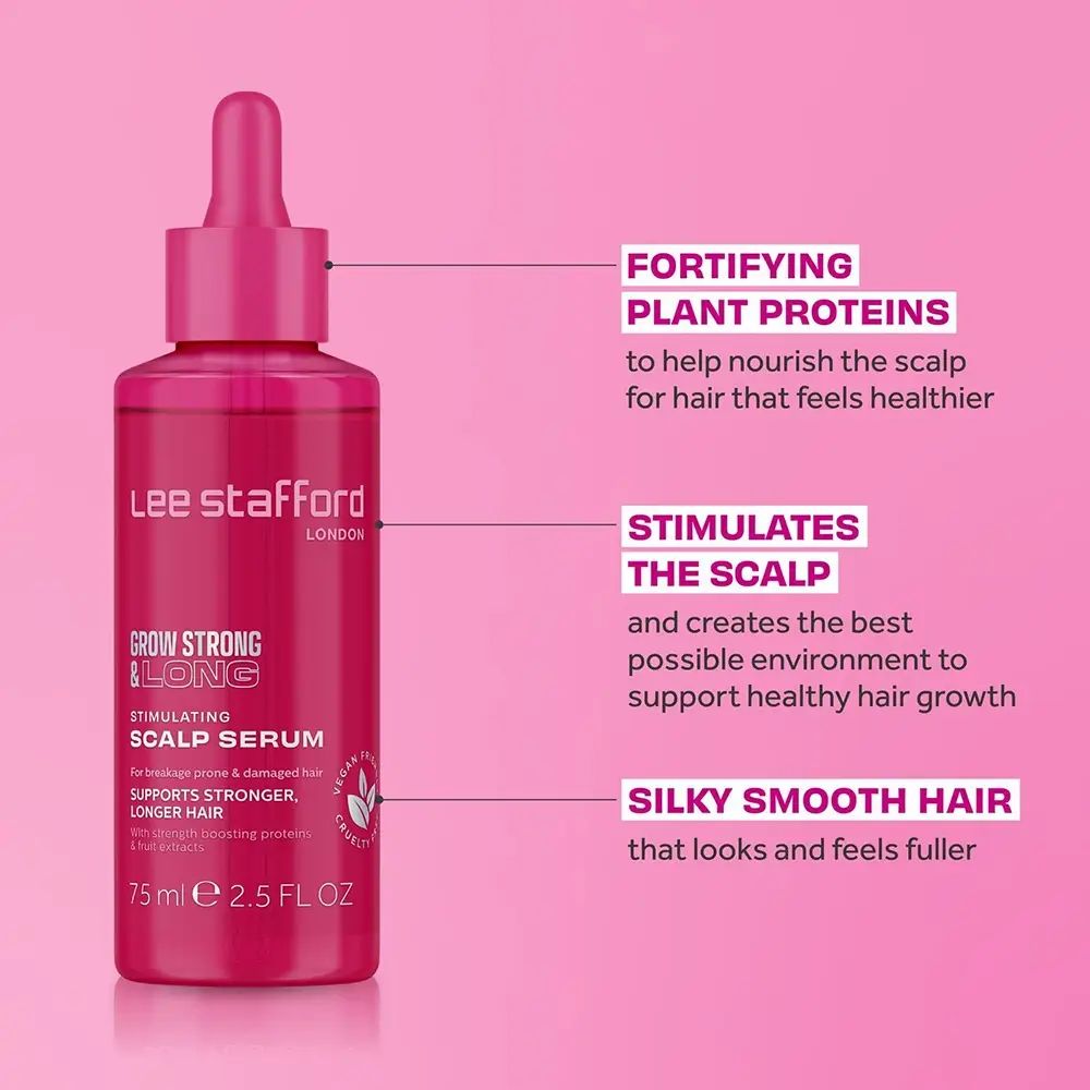 Flacon rose à pipette du sérum Grow Strong & Long de Lee Stafford, avec texte sur les protéines végétales.