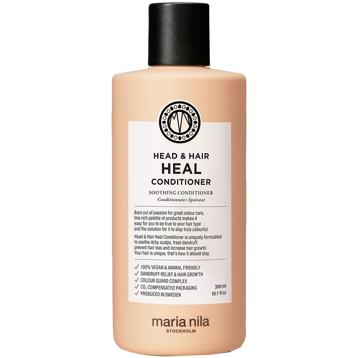 Maria Nila Head & Hair Heal Conditioner, flacon de 300ml avec distributeur noir.