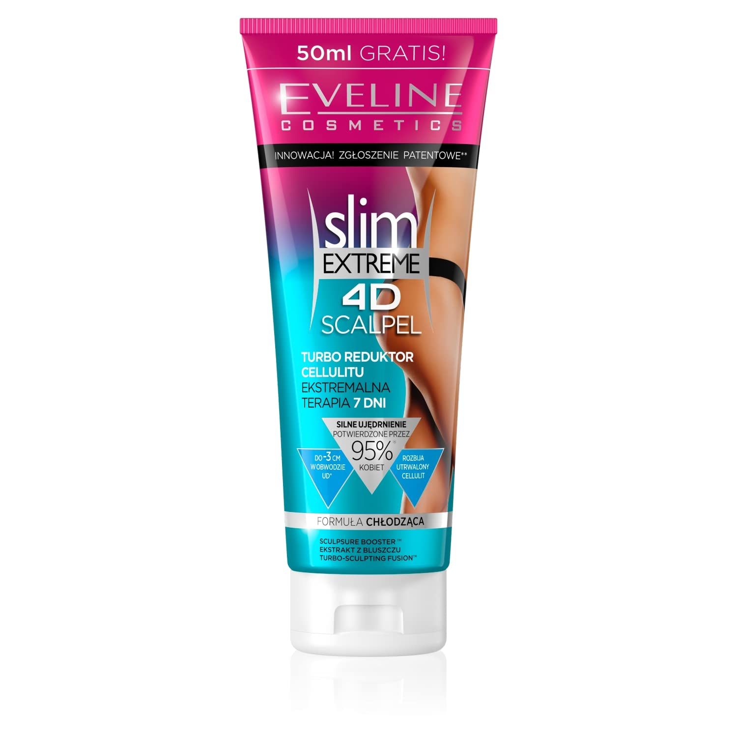 Tube de crème avec nom et logo du produit. Design rose et turquoise. Inscription : Slim Extreme 4D Scalpel. Contient 50ml gratuits.