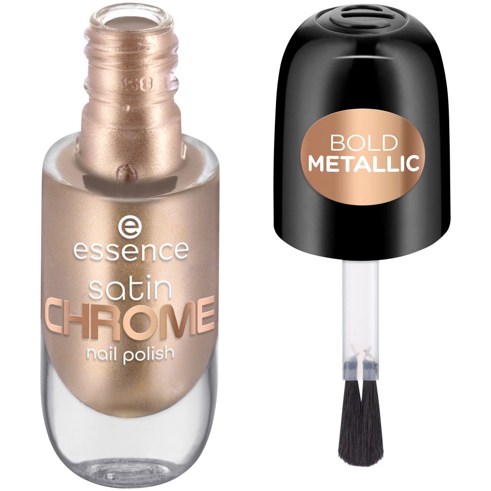 Flacon de vernis à ongles et bouchon avec pinceau. Inscription: Essence Satin Chrome Nail Polish. Couleur: or. Sur le bouchon: Bold Metallic.
